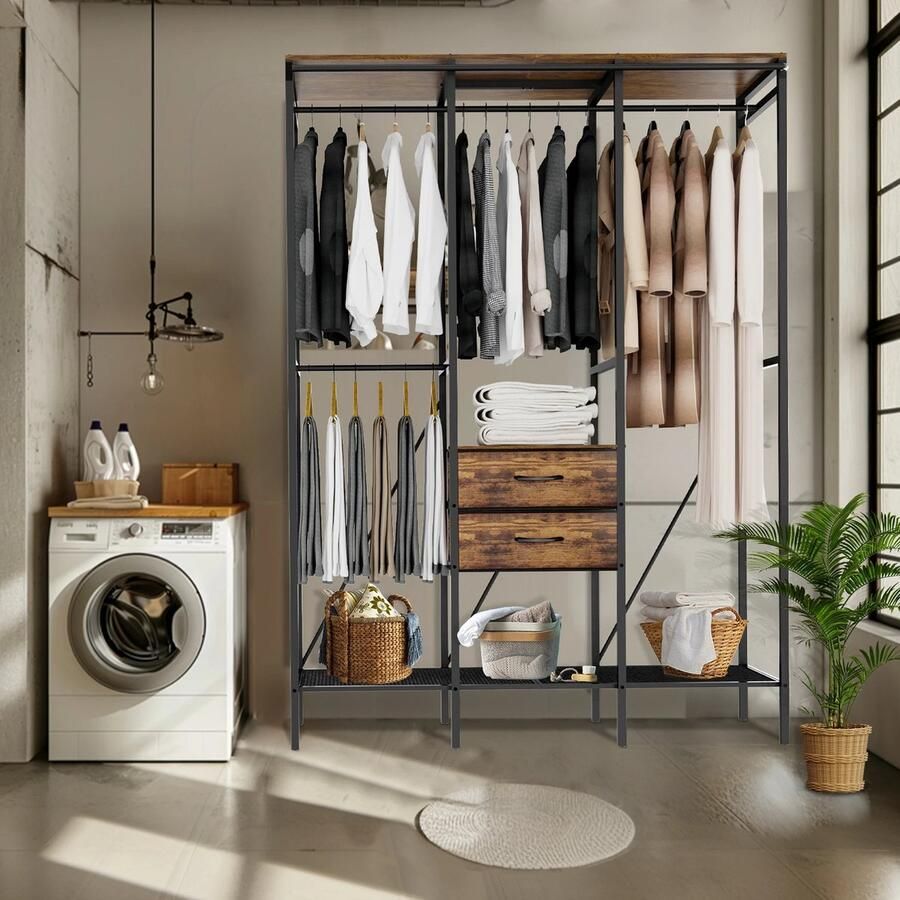 RM Store Zware Vrijstaande Kledingrek Garderobe Organizer Hangende Rails Draagbare Kledingstandaard Perfect Voor Thuis en Kantoor 149.5x50x214 cm