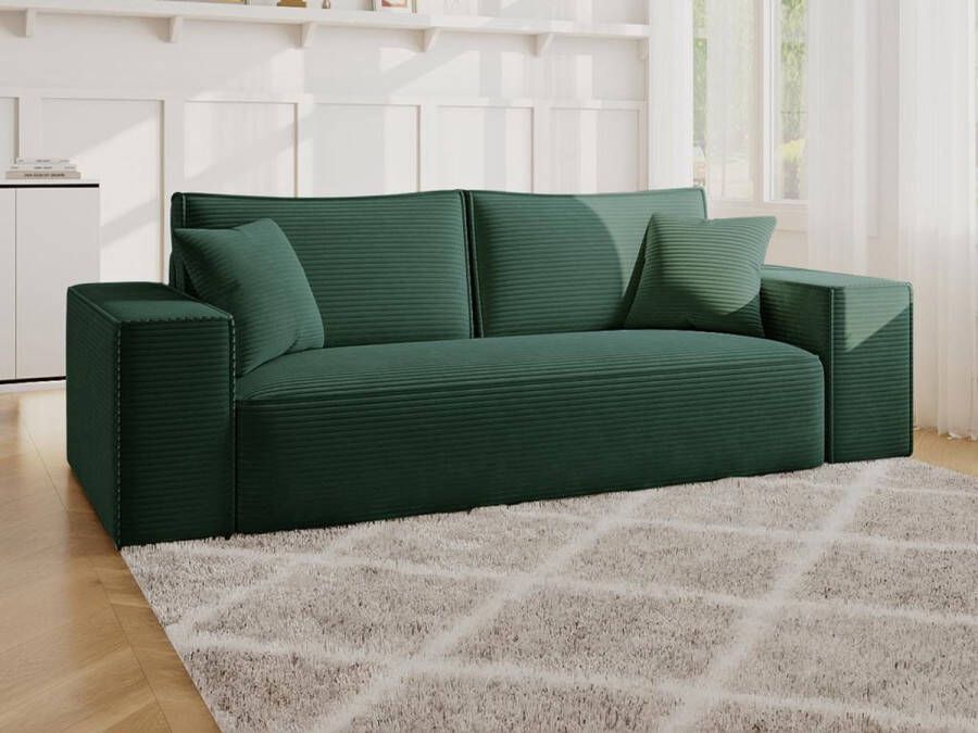 Vente-unique Express-driezitsslaapbank van spargroen ribfluweel Bed 140 cm Matras 14 cm met vormgeheugen AMELIA L 214 cm x H 80 cm x D 105 cm