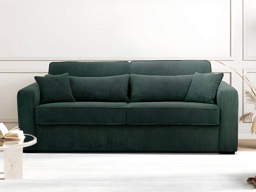 Express-vierzitsslaapbank van groen ribfluweel Bed met brede latten 160 cm Matras 18 cm MONDOVI L 214 cm x H 90 cm x D 96 cm