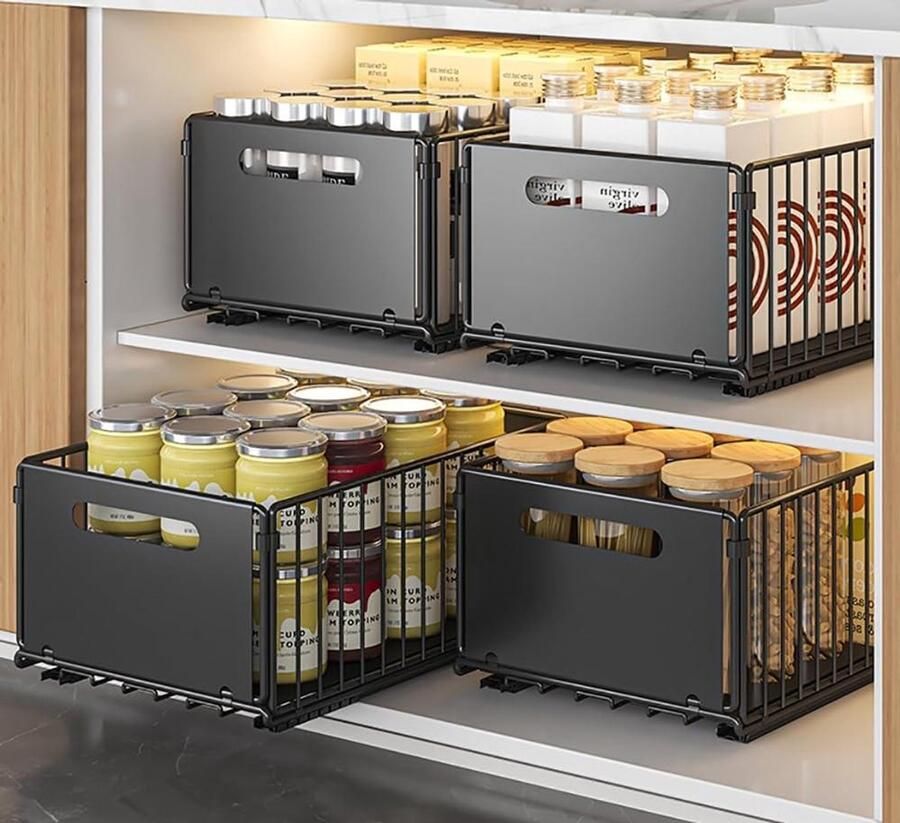 Extendable Cabinet Organizer with Sliding Shelves No Drilling or Riveting (Black 4Blocks 38DX25WX19H CM)