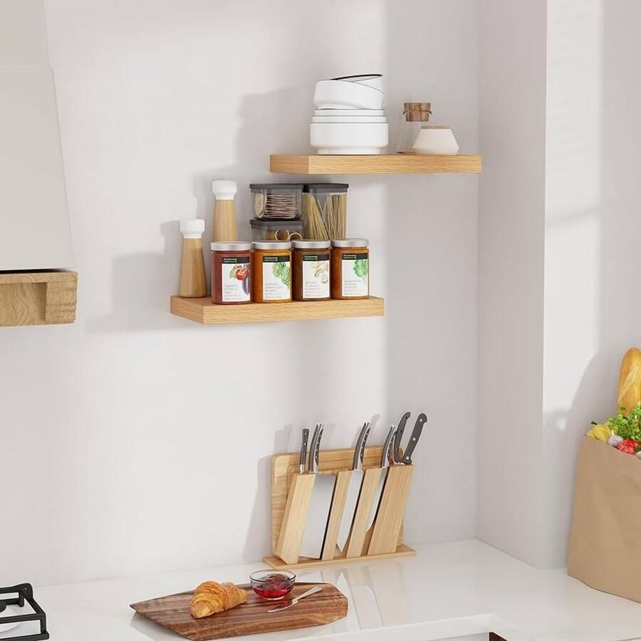 Extra brede wandplank van eiken set van 2 beige 23 5 cm x 40 cm