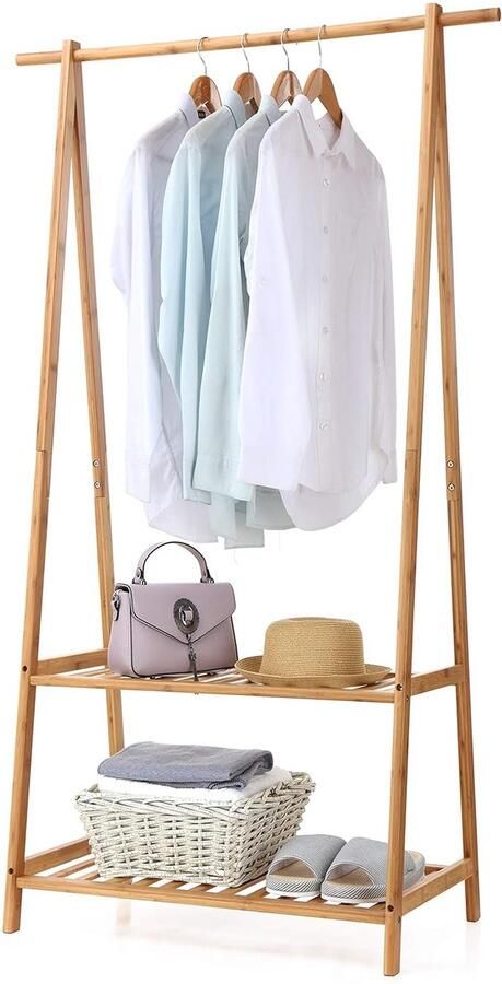 Extra groot bamboe kledingrek 2 etages geschikt voor entree en slaapkamer
