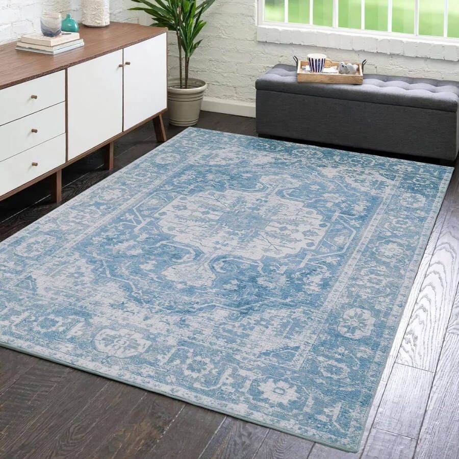 Extra groot tapijt voor woonkamer antislipachterkant abstract wasbaar tapijt water- en vlekbestendig tapijt voor slaapkamer opvouwbaar machinewasbaar 200 x 290 cm groenblauw