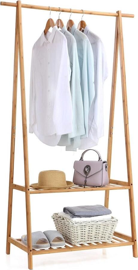 Extra grote draagbare bamboe kledingrek 2 etages voor entree slaapkamer opvouwbaar kapstok hangend met plank