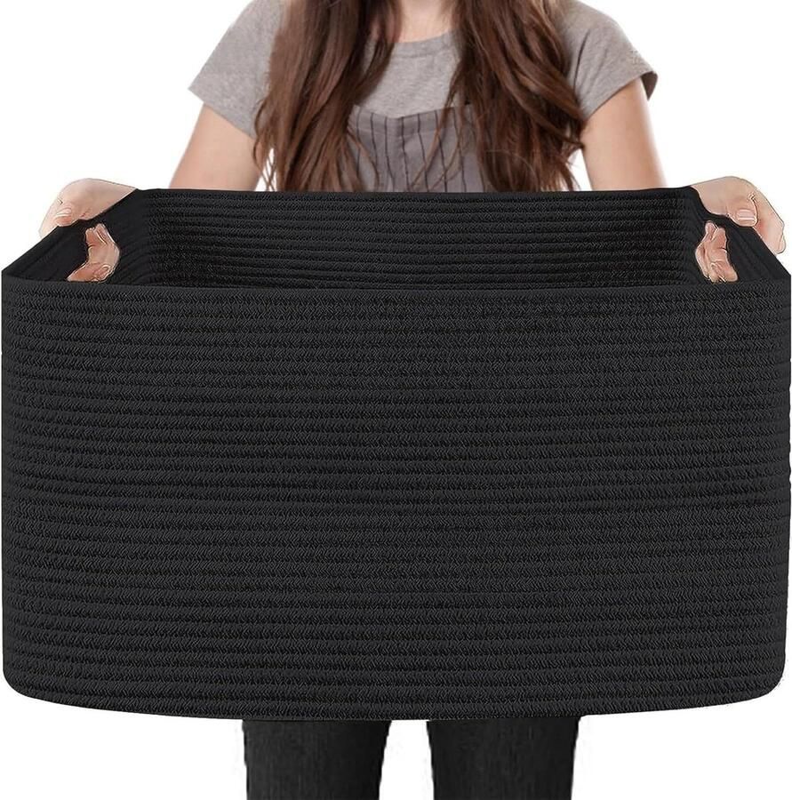 Extra grote rechthoekige opbergmand 236 x 157 x 141 zwart * Opslagmand voor woonkamer * Grote zachte geweven katoenen touw mand * Kinderen speelgoed manden organizer bakken rieten