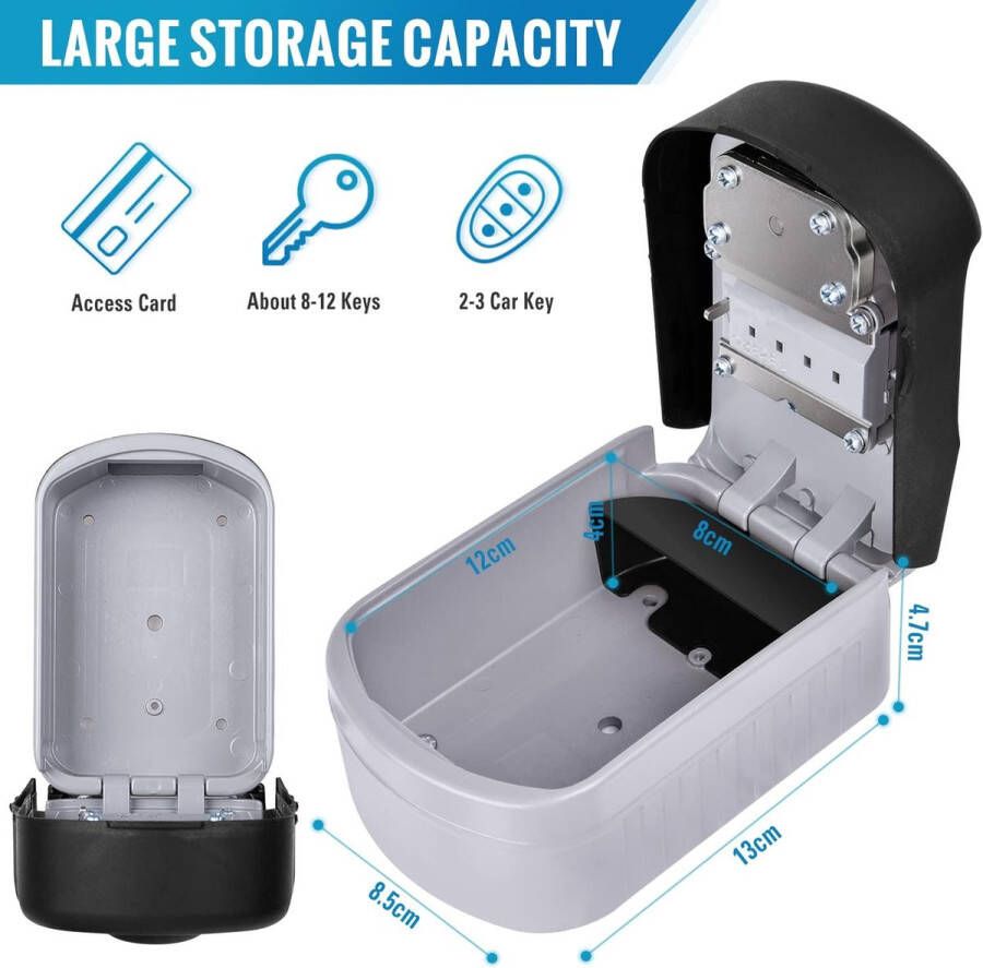 Extra grote sleutelslotbox 4-cijferig slot en reservesleutelcombinatie sleutelkluis wandmontage buiten waterdichte sleutel opbergdoos kasten voor thuiskantoor garage schoolfabriek (grijs)