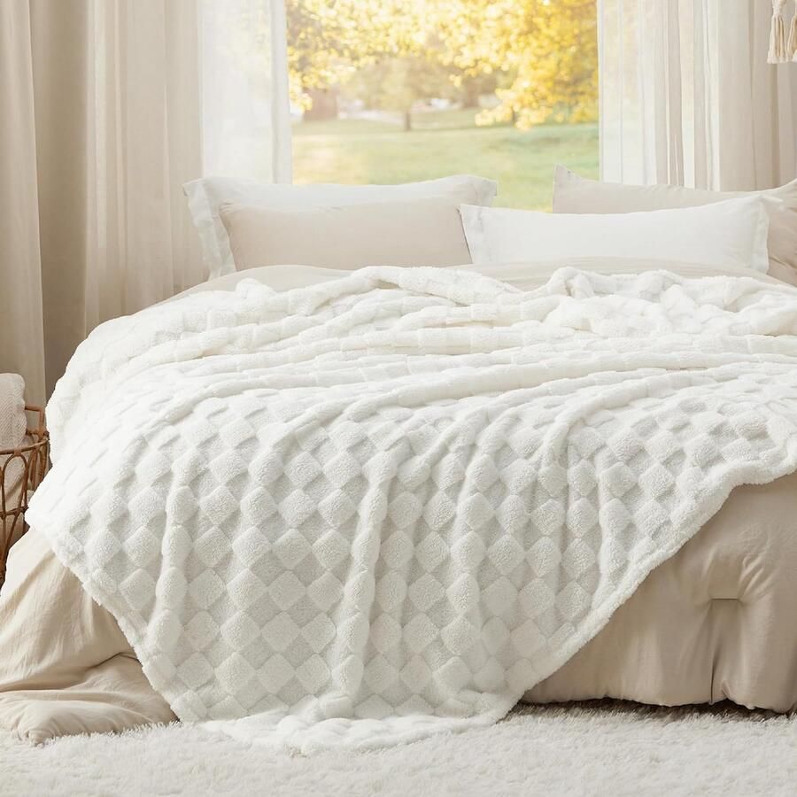Extra Grote Warme En Zachte Fluffy Plaid Deken Met Tijdloos Ruitpatroon Voor Bed In Wit