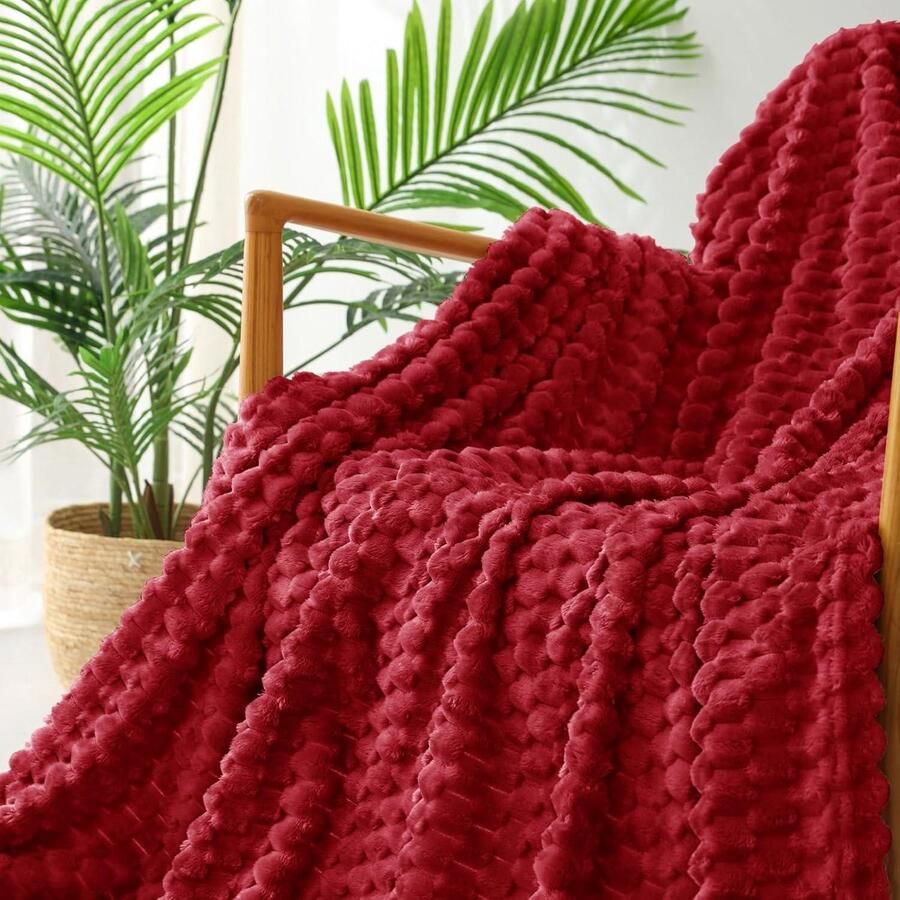 Extra grote zachte fleece deken 127 x 178 cm stijlvolle jacquard deken voor bank donzig gezellig lichtgewicht voor het hele seizoen donkerrood - Foto 2