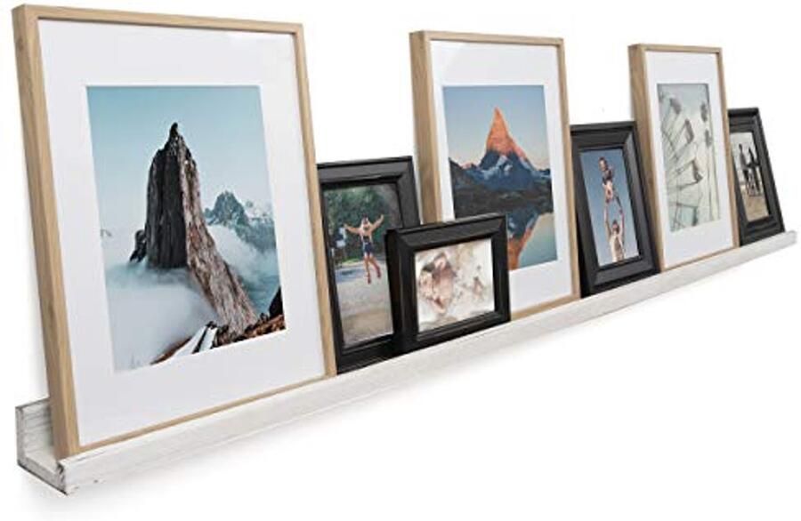 Extra Lange Smalle Wandplank voor Foto's en Decoratie 60 Inch Hangende Houten Plank in Washed White