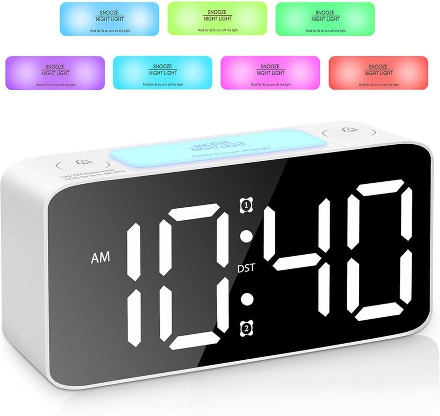Extra Luide Wekker Met 7 Kleuren Nachtlamp Ideaal Voor Diepe Slapers Digitale Klok Met Regelbaar Volume & USB-Oplaadfunctie Voor Op Het Nachtkastje Wit
