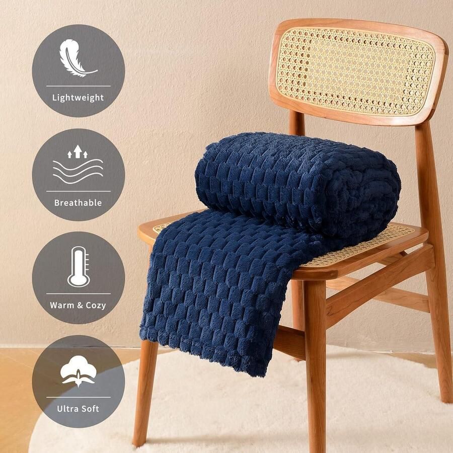 Extra zachte pluizige fleece knuffeldeken- lichte gezellige microvezel deken voor kantoor stoel en camping marineblauw 150 x 200 cm