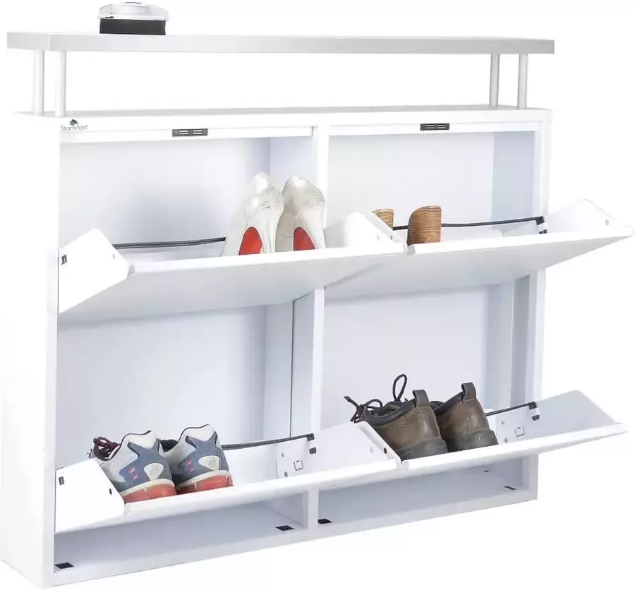 Exxen Schoenenkast Slim 2+2 met 4 deuren van metaal wit met handige legplank. Voor maximaal 12 paar schoenen en laarzen in slechts 15 cm