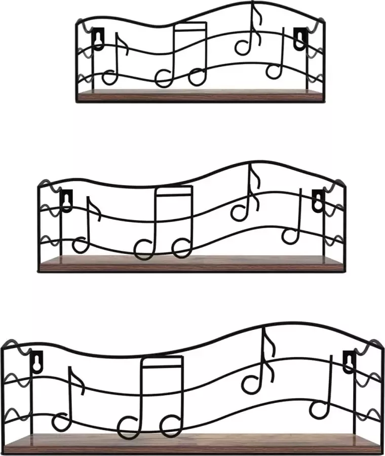 EYMPEU Hout Metaal Wandplanken Set van 3 Rustieke Zwevende Planken met Origineel Muzieknoten Design Zwevende Planken voor Keuken Badkamer Kantoor Woonkamer Opslag en Organisatie