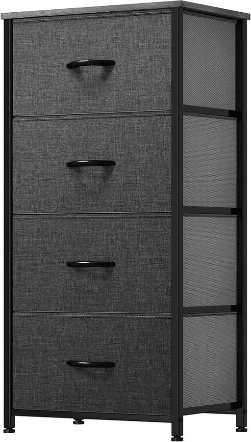 Fabric 4 Drawer Chest of Drawers with Easy Pull Handle Sturdy Steel Frame Storage for Bedroom Kids Room Closet Clothes (Black Grey)
