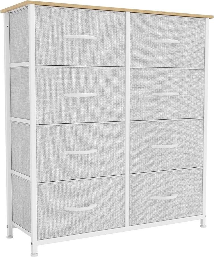 Fabric Chest of Drawers with 8 Drawers and Easy Pull Handle Light Grey with White Handle