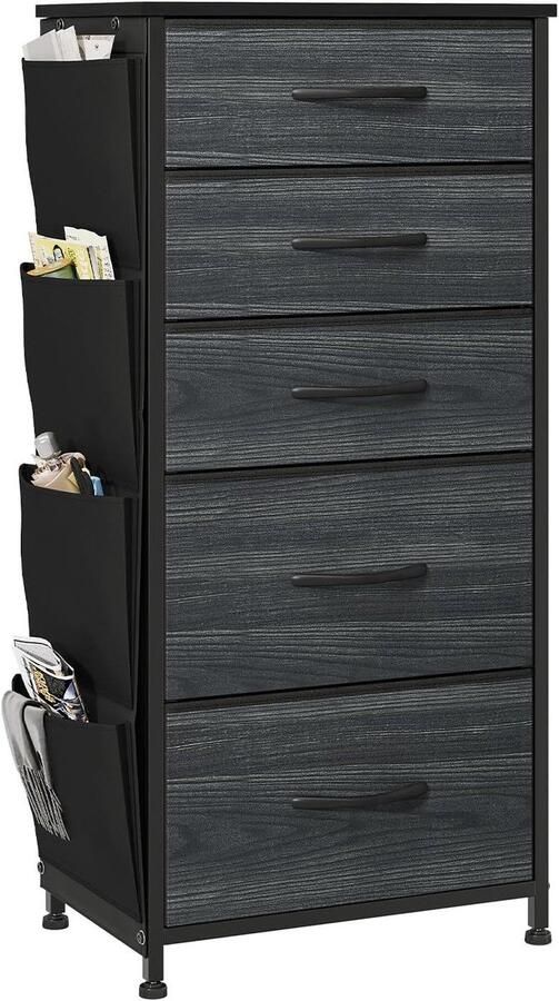 Fabric Dresser Storage Drawers 5 Drawer Chest for Bedroom with Handles Metal Frame Perfect for Living Room Hallway Black Wood Grain