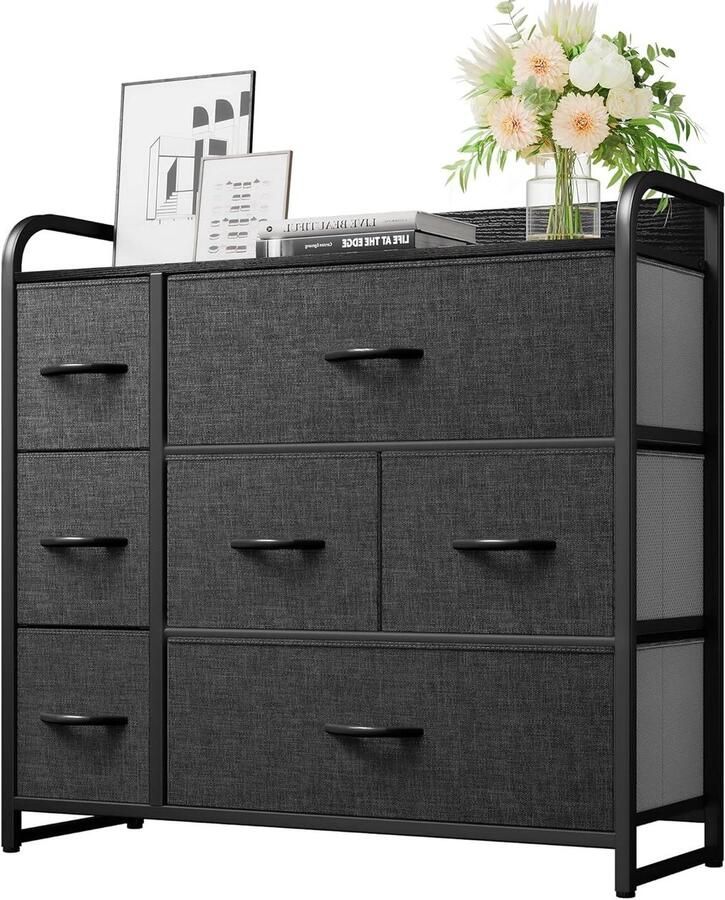 Fabric Dresser with 7 Drawers Organizing Unit for Bedroom Living Room Hallway Closets and Nursery Sturdy Steel Frame Wooden Top and Easy Pull Fabric Bins