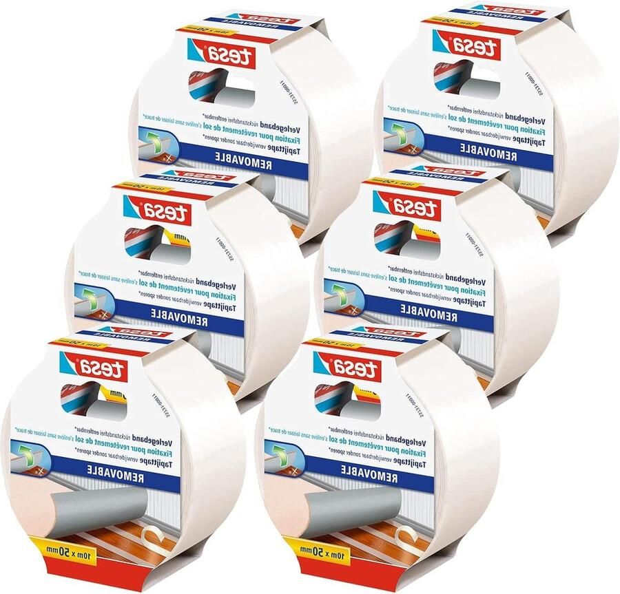 Fabric-Reinforced Double-Sided Adhesive Tape for Carpet and PVC Flooring Pack of 6 Rolls 10 m x 50 mm Each