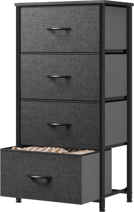 Fabric Storage Cabinet with 4 Drawers for Bedroom Living Room Closet Sturdy Steel Frame Easy Pull Fabric Bins and Wooden Top Black Grey