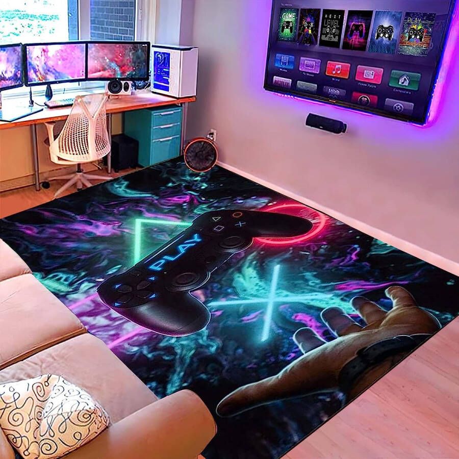 Fallenove Vloerkleed voor de slaapkamer modern gamers 3D-controller tiener kinderen jongens woonkamer tapijt antislip graffiti spelconsole decoratie karpetten zwart paars roze