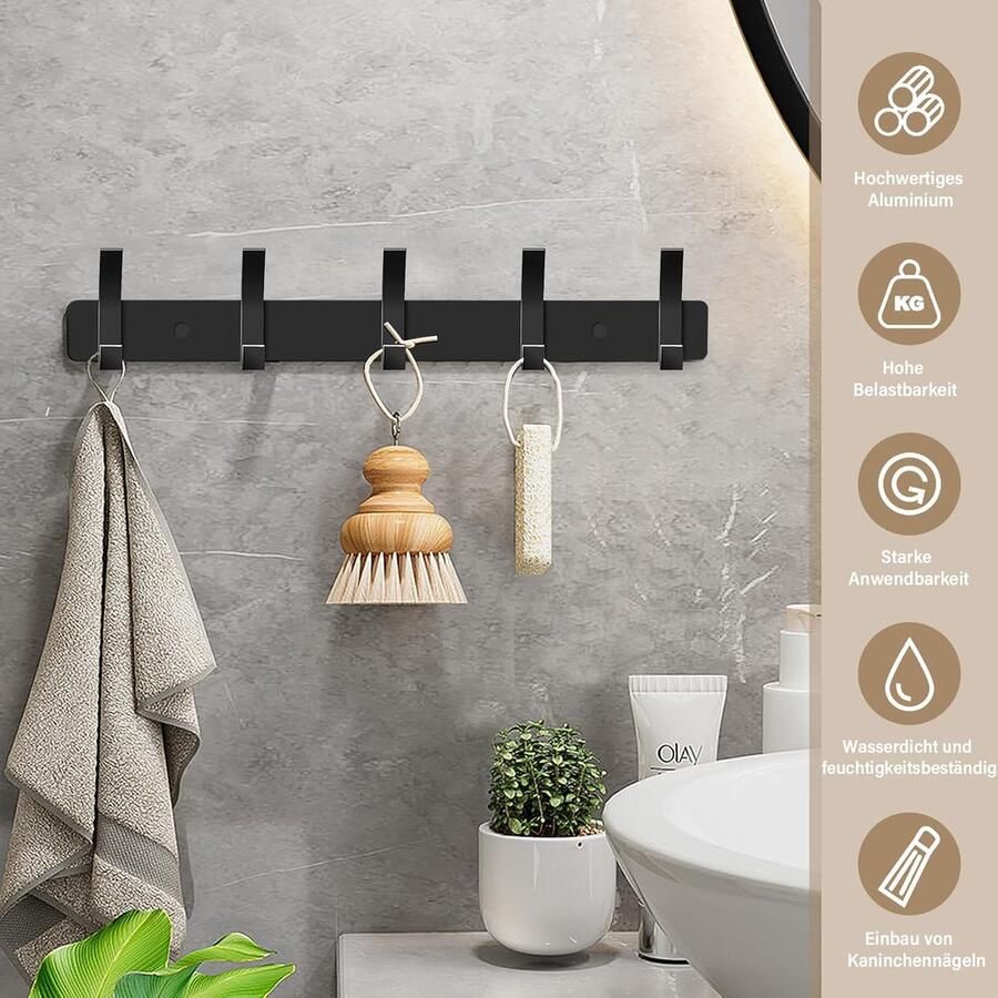 Famanu 2 stuks kledinghaken wandgarderobehaken zwart met 6 haken garderobelijst wandgarderobe roestvrij staal voor slaapkamer badkamer keuken - Foto 2