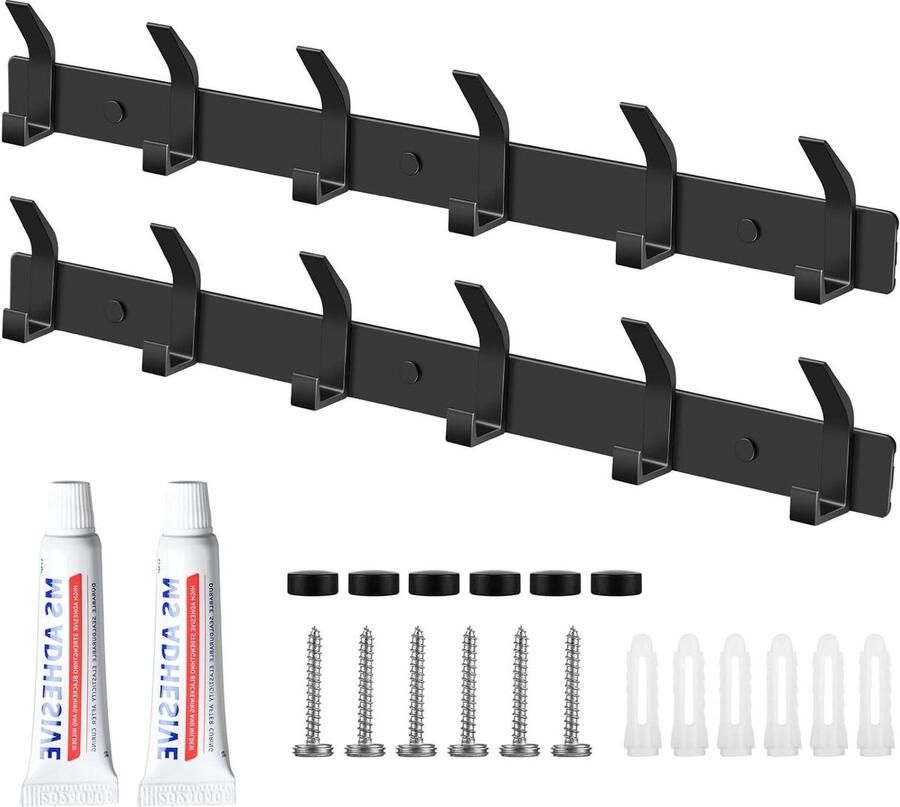 Famanu 2 stuks kledinghaken wandgarderobehaken zwart met 6 haken garderobelijst wandgarderobe roestvrij staal voor slaapkamer badkamer keuken