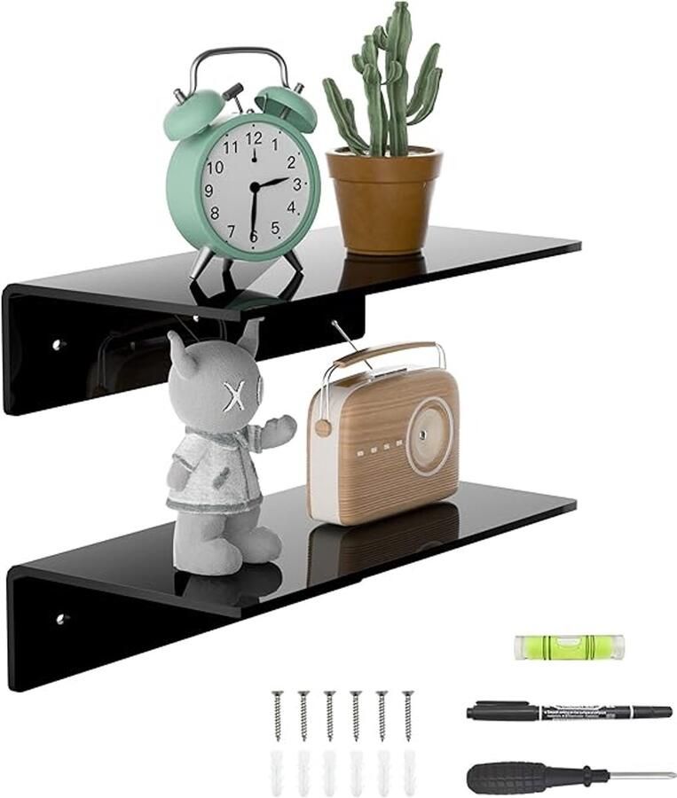 Famanu 30 cm kleine zwarte wandplanken set van 2 acryl zwevend rek voor muur wandgemonteerd displayrek voor slaapkamer woonkamer Funko Pop planken smart luidsprekers