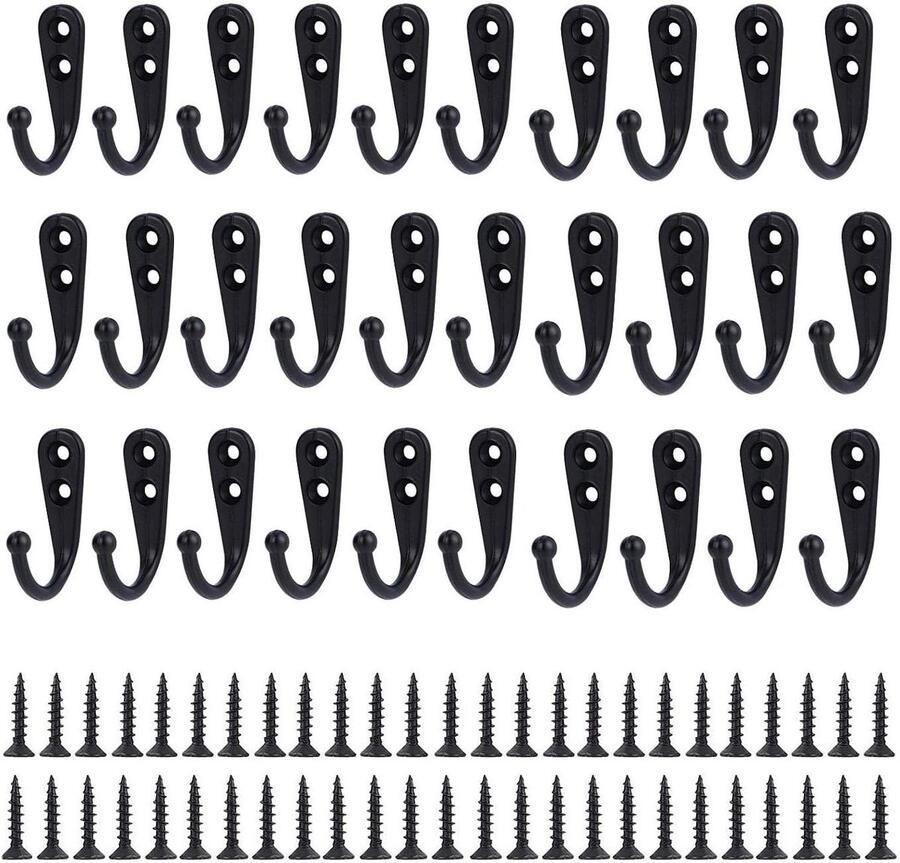 Famanu 30 x zwarte metalen wandhaken met schroeven kapstokhaken enkele ophanghaken voor het ophangen van kleding mokken gebruiksvoorwerpen gereedschap handdoeken