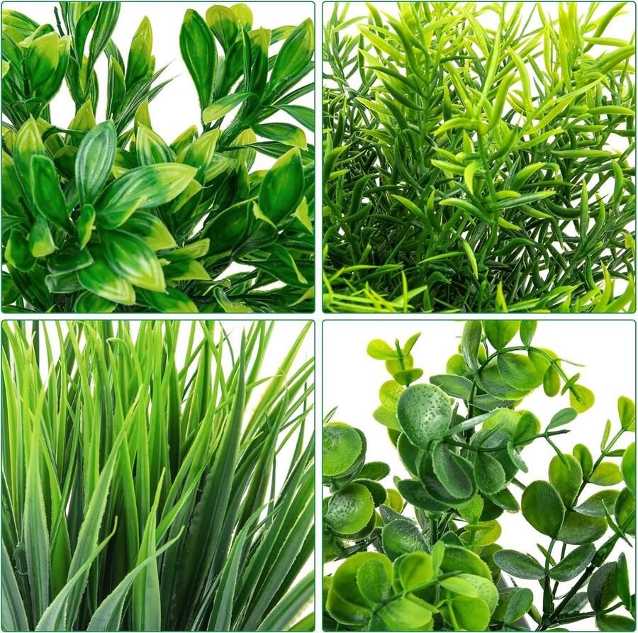 Famanu 4 stuks mini nepplanten in potten kleine kunstplanten binnen groen gras eucalyptus rozemarijn plastic kunstplanten ingepot voor kantoor bureau slaapkamer keuken badkamer woondecoratie