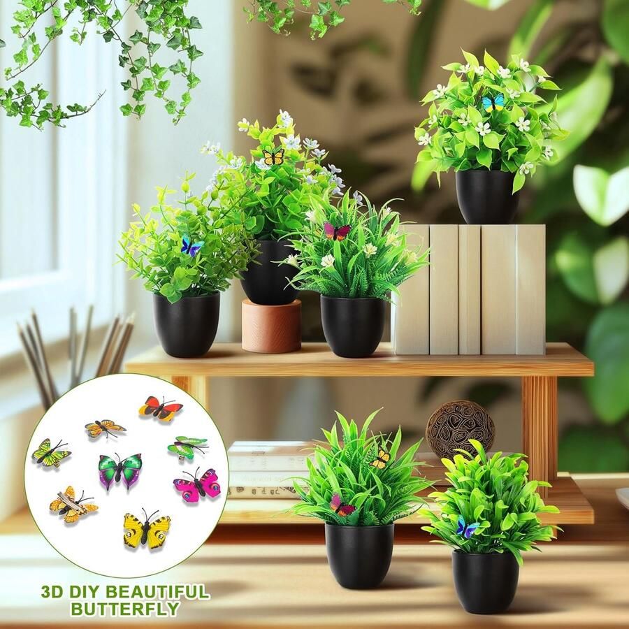 Famanu 6 stuks kleine nepplanten in potten kleine kunstplanten binnen en buiten 6 verschillende gevormde plastic bloemenplanten badkamerplanten voor thuis tuin kantoor bureau doucheruimte