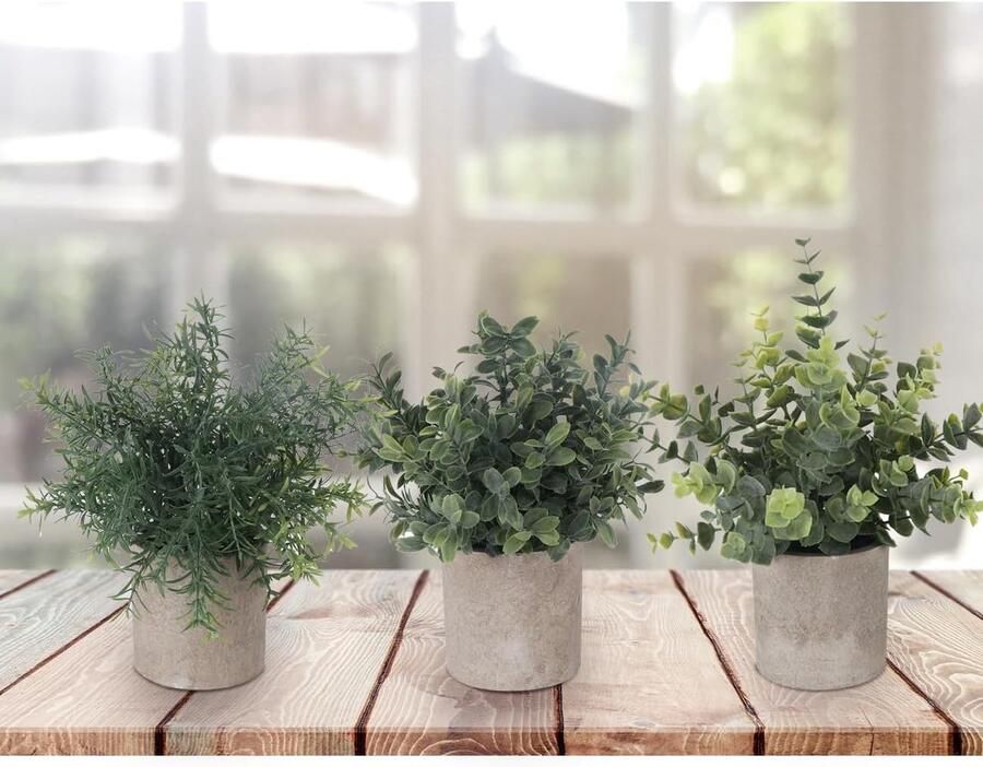 Famanu Kunstmatige Potplant ilauke Set van 3 Mini Artificiële Pot Planten Kunstplanten Plastic Eucalyptus Planten Faux Rozemarijn Planten voor Thuis Tuin Bureau Douche Kamer Binnen & Buiten Huis Decor