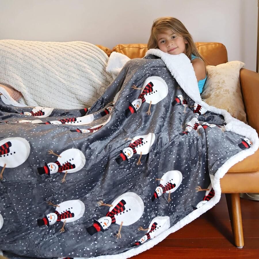 Famanu Sherpa Deken met kerstworp superzachte pluizige Sherpa Throw tv-deken decoratieve deken voor bed bank vakantie decoratie 130 x 150 cm sneeuwpoppatroon