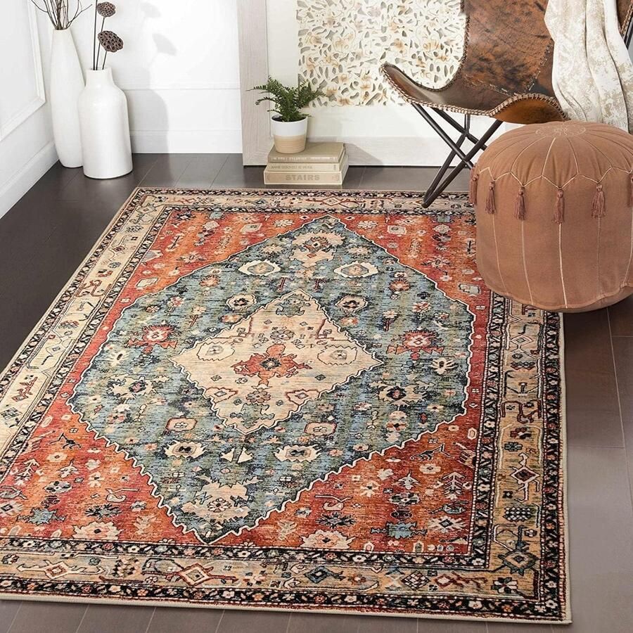 Famanu Tapijten- Vloerkleed voor de woonkamer 90 x 150 cm zachte tapijten voor de slaapkamer antislip Boho-tapijt wasbare tapijten kortpolig traditioneel tapijt voor de woonkamer pluisvrij