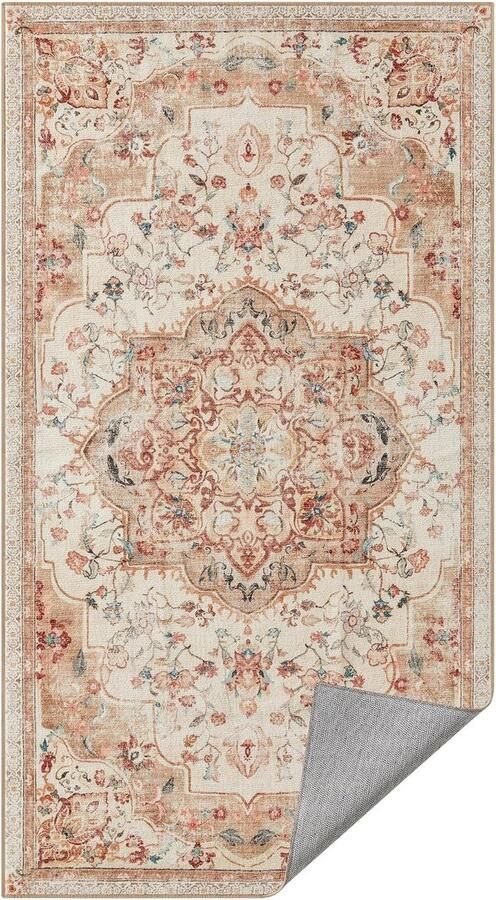 Famanu Vloerkleed 80 x 150 cm Woonkamertapijt Antisliptapijt Traditioneel Vintage Stijl Woonkamer Keuken Hal Eetkamer Machinewasbaar Cappuccino Beige