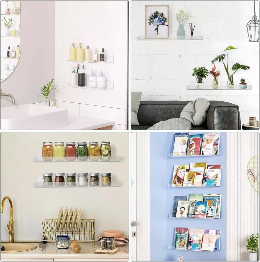 Famanu Wandrek 2-delige set wandrek zonder boren acryl zwevend rek zonder boren voor badkamer woonkamer en slaapkamer kruidenrek boekenrek industriële decoratie fotolijst