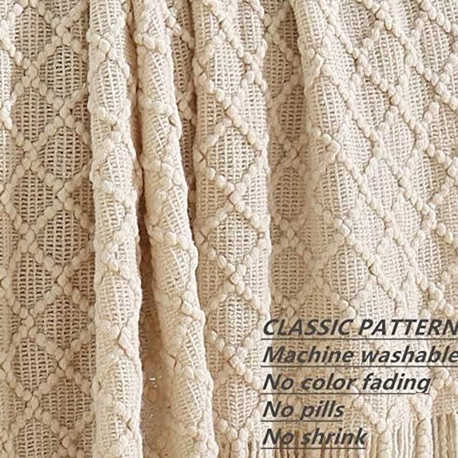 Famanu Woondecoratie rustieke bank sofa stoel bed plaid zacht warm gezellig lichtgewicht voor reizen in de lente zomer (127 cm x 152 cm beige ivoor)