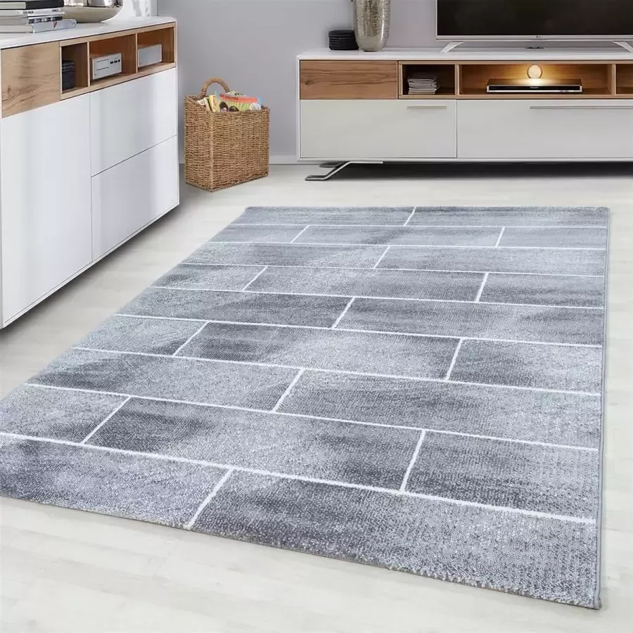 FlyCarpets Fano Modern Grijs Vloerkleed Geblokt 120 X 170 CM