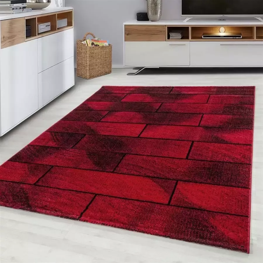 FlyCarpets Fano Modern Rood Zwart Vloerkleed Geblokt 120 X 170 CM