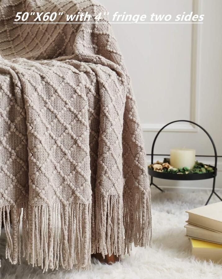 Boerderij Gebreide Deken voor Bank Sofa Stoel Bed Huisdecoratie Zacht Warm Gezellig Lichtgewicht voor Lente Zomer (50 x 60 inch Beige Khaki)