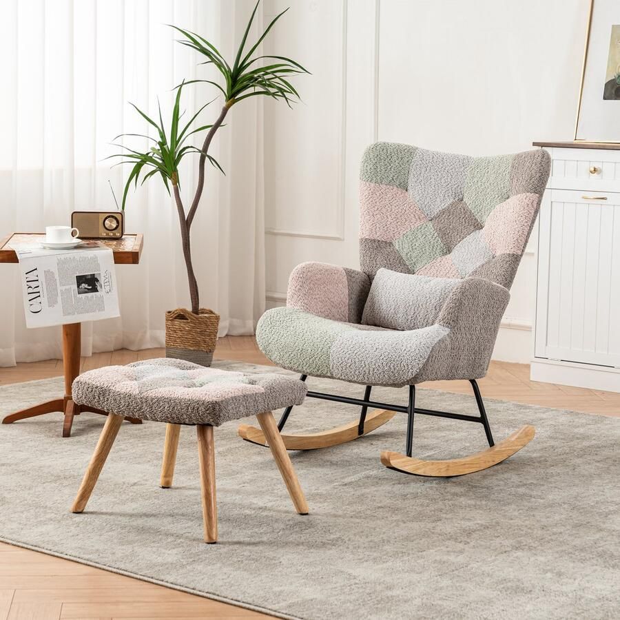 Gutent Fauteuil Comfortabele Kleurrijke Schommelstoel Hoogte 93 cm breedte zitting 43 cm incl. 1 voetensteun (49*38*37 cm) en 1 lendenkussen stevig rubberhouten frame veelkleurig design loungestoel