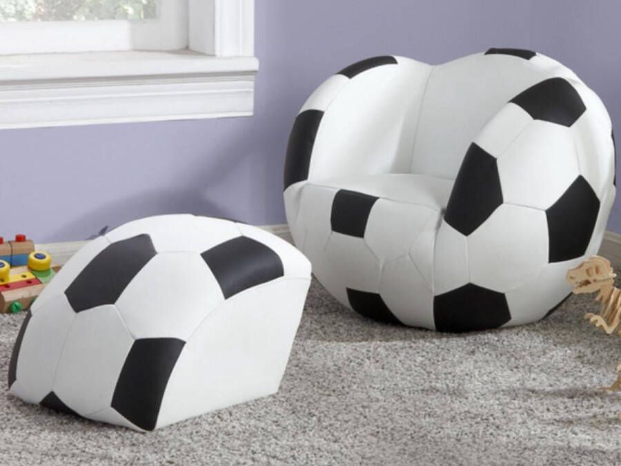 Fauteuil en poef voor kinderen van kunstleer FOOTY Zwart en wit L 56 cm x H 43 cm x D 51 cm