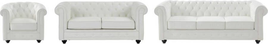 Fauteuil en zitbanken in wit kunstleer met 3 en 2 plaatsen – CHESTERFIELD L 205 cm x H 72 cm x D 88 cm