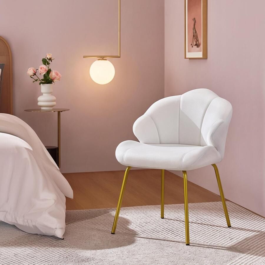 Fauteuil Loungestoel in schelpvorm moderne gestoffeerde stoel met metalen poten polyester voor woonkamer kaptafel slaapkamer wit