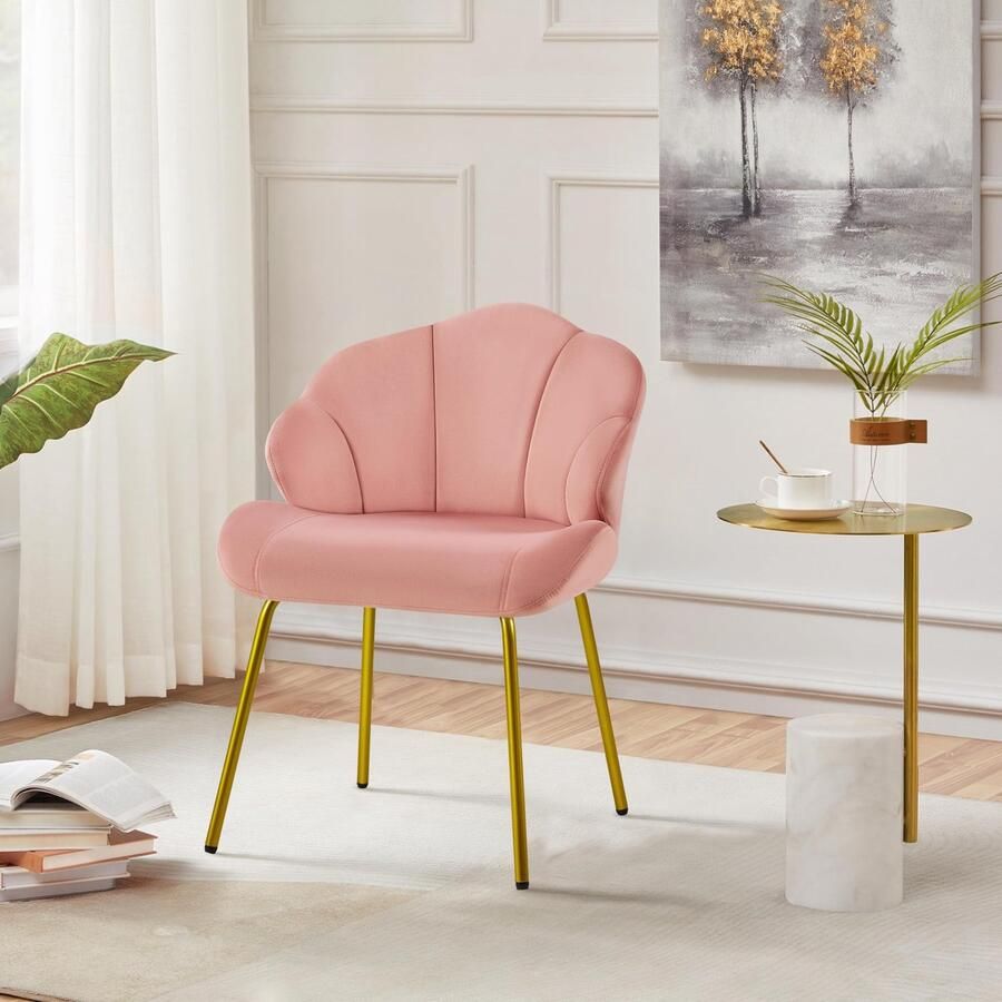 Fauteuil Loungestoel in schelpvorm moderne gestoffeerde stoel met metalen poten polyester voor woonkamer kaptafel slaapkamer roze