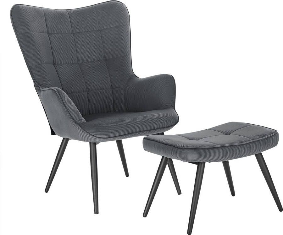 Dripio Fauteuil met hocker Elsdon Armleuning Voetenbank Woonkamer stoel Corduroy Donkergrijs