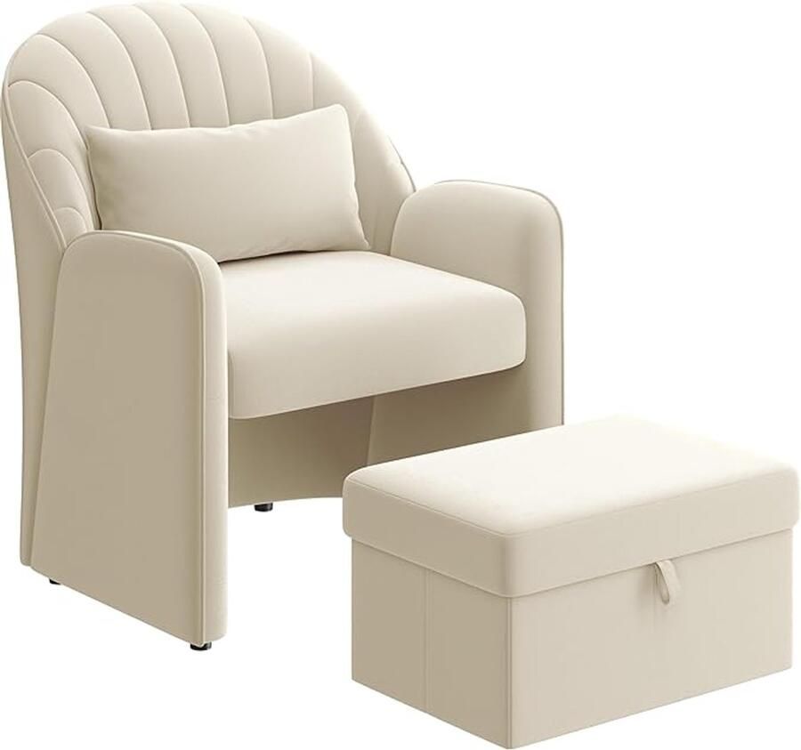 Fauteuil met Kruk en Opbergruimte Comfortabele Fluwelen Oorfauteuil met Rugkussen in Bloembladvorm (Beige)