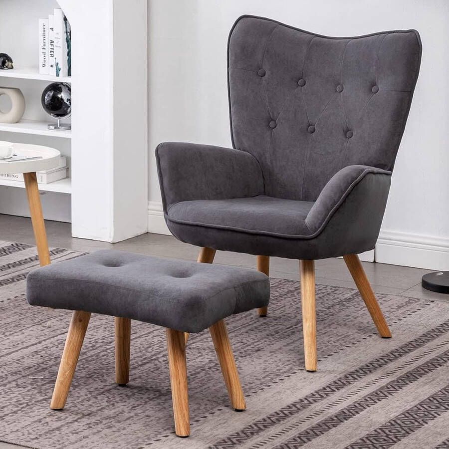 Fauteuil met kruk woonkamerstoel relaxstoel gestoffeerde stoel fluwelen accentstoel met voetenbank loungestoel leesstoel voor slaapkamer donkergrijs