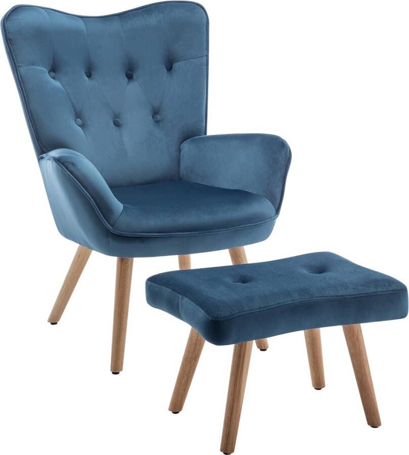 Fauteuil met kruk woonkamerstoel relaxstoel gestoffeerde stoel fluwelen stoffen accentstoel met voetenbank loungestoel leesstoel voor slaapkamer blauw