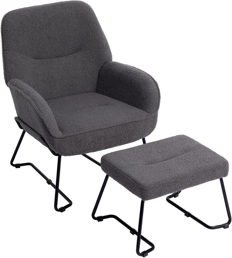 Allecto Premium Fauteuil met voetenbank voor woonkamer en slaapkamer Teddy loungestoel grijs met voetensteun