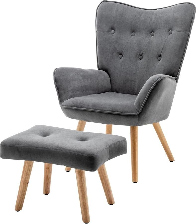 Fauteuil met voetenbank woonkamerstoel fluwelen accentstoel woonkamerstoel leesstoel slaapkamerstoel donkergrijs